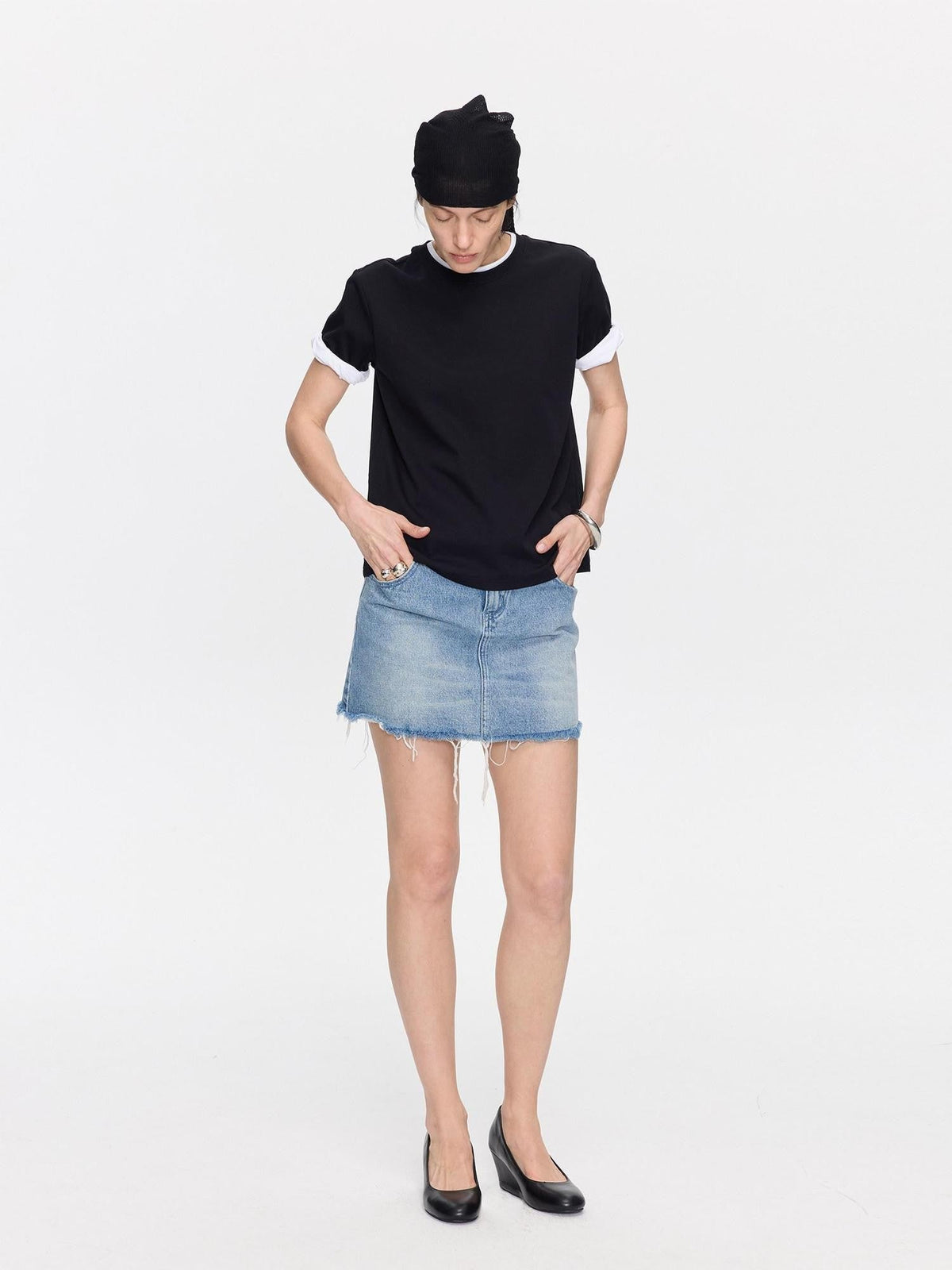 Washed Blue Frayed Straight Low Waist Women's Cotton Denim Shorts