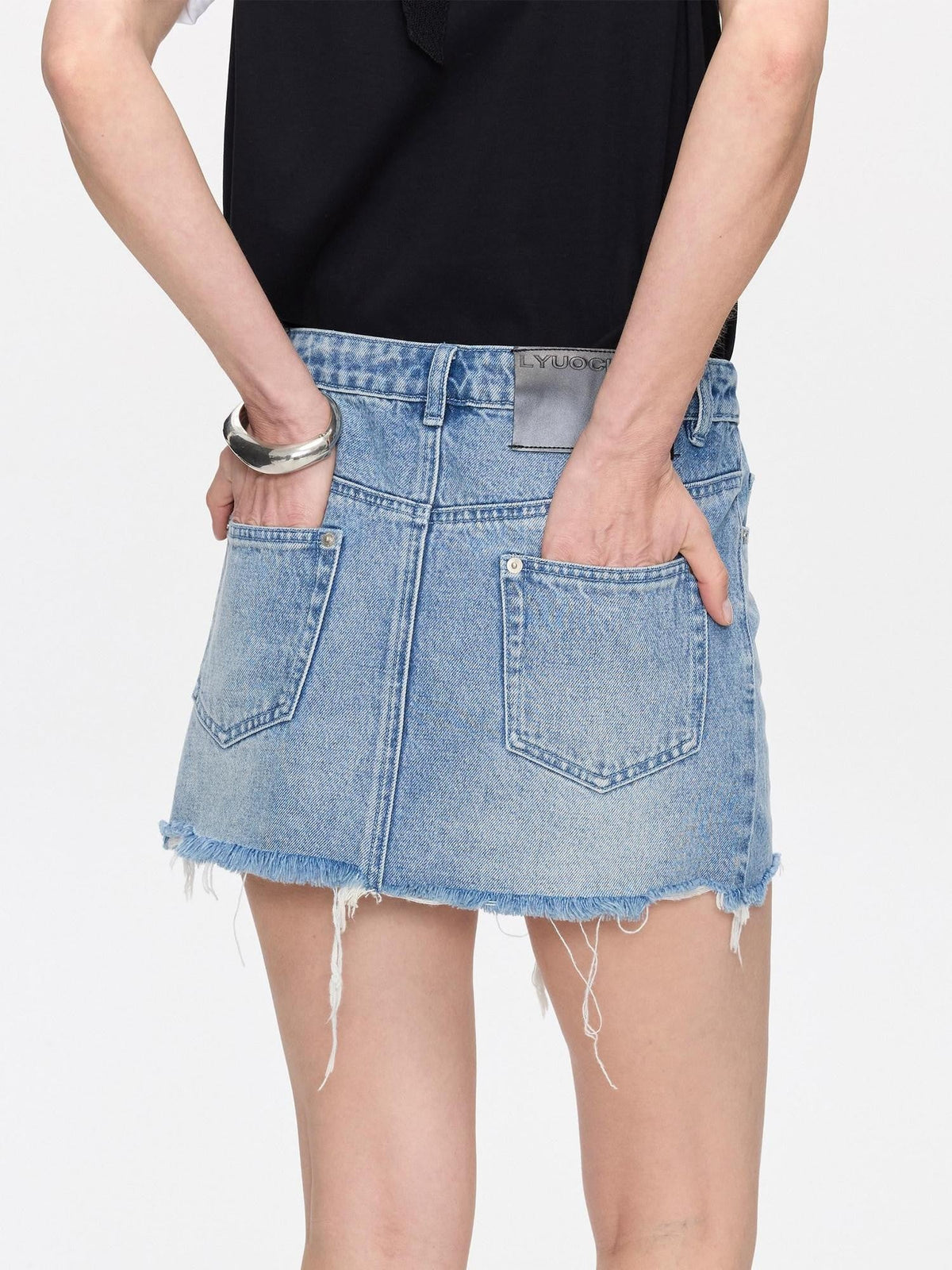 Washed Blue Frayed Straight Low Waist Women's Cotton Denim Shorts