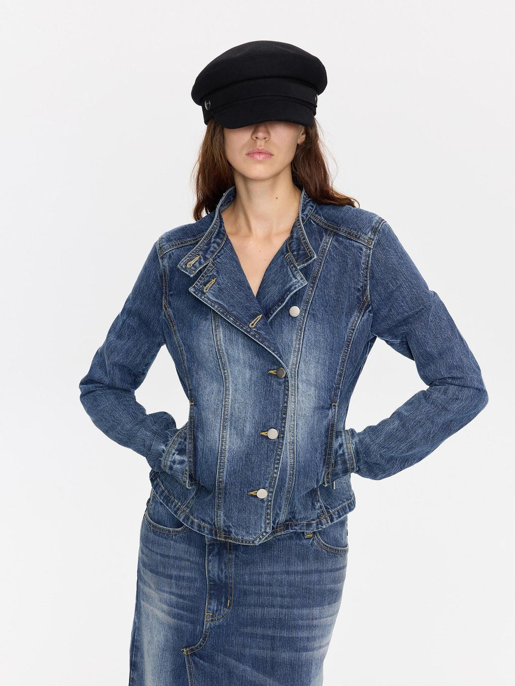 Washed Blue Vintage Cut Slub Texture Cropped Women's Cotton Denim Jackets