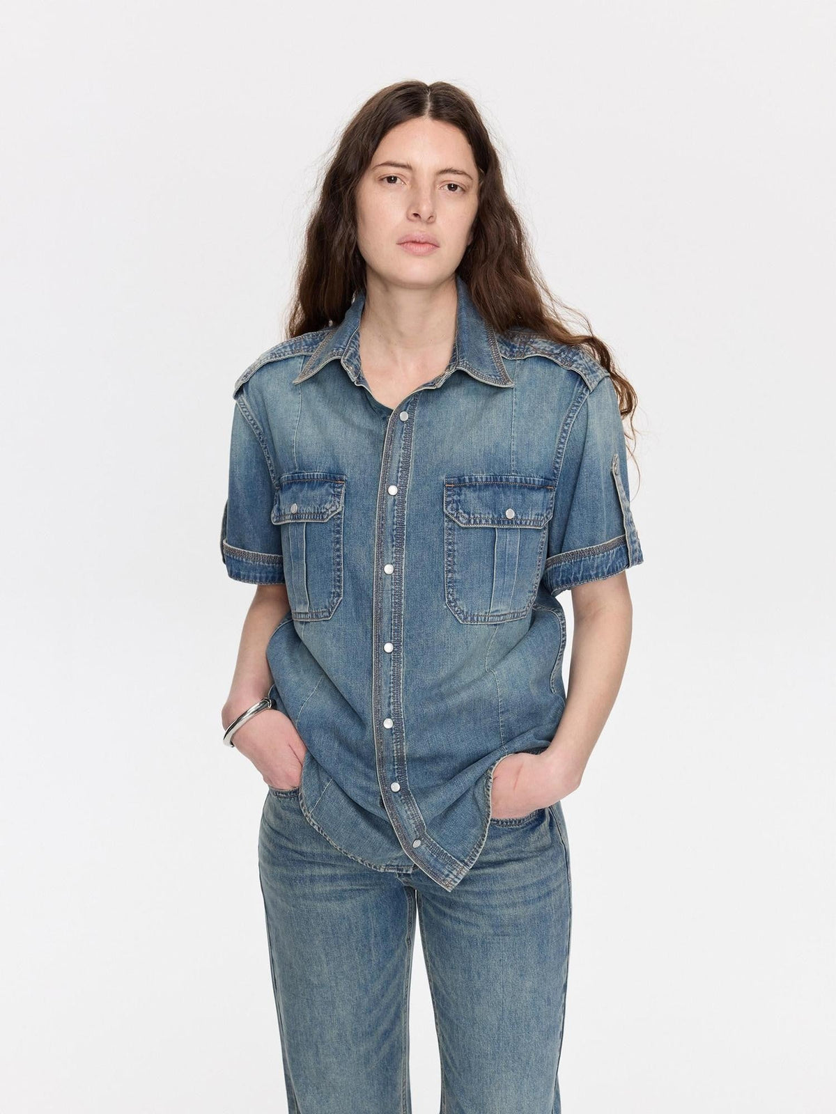 Washed Denim Distressed Rolled Hem Utility Women's Cotton Short Sleeve T-shirts