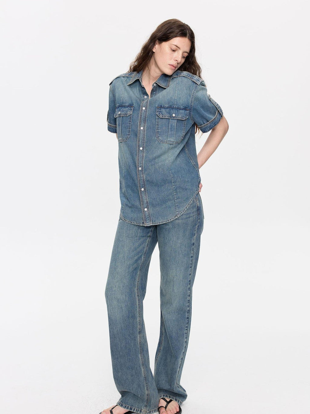 Washed Denim Distressed Rolled Hem Utility Women's Cotton Short Sleeve T-shirts
