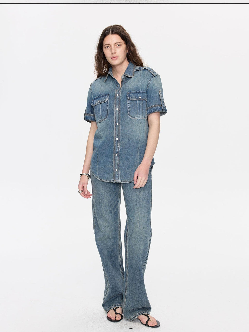 Washed Denim Distressed Rolled Hem Utility Women's Cotton Short Sleeve T-shirts
