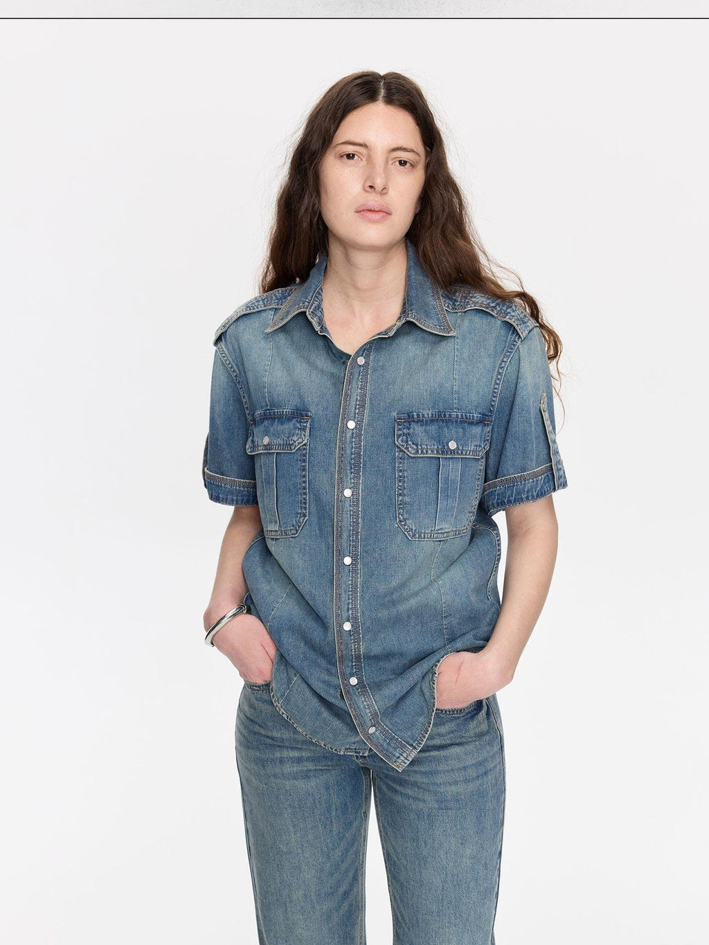 Washed Denim Distressed Rolled Hem Utility Women's Cotton Short Sleeve T-shirts