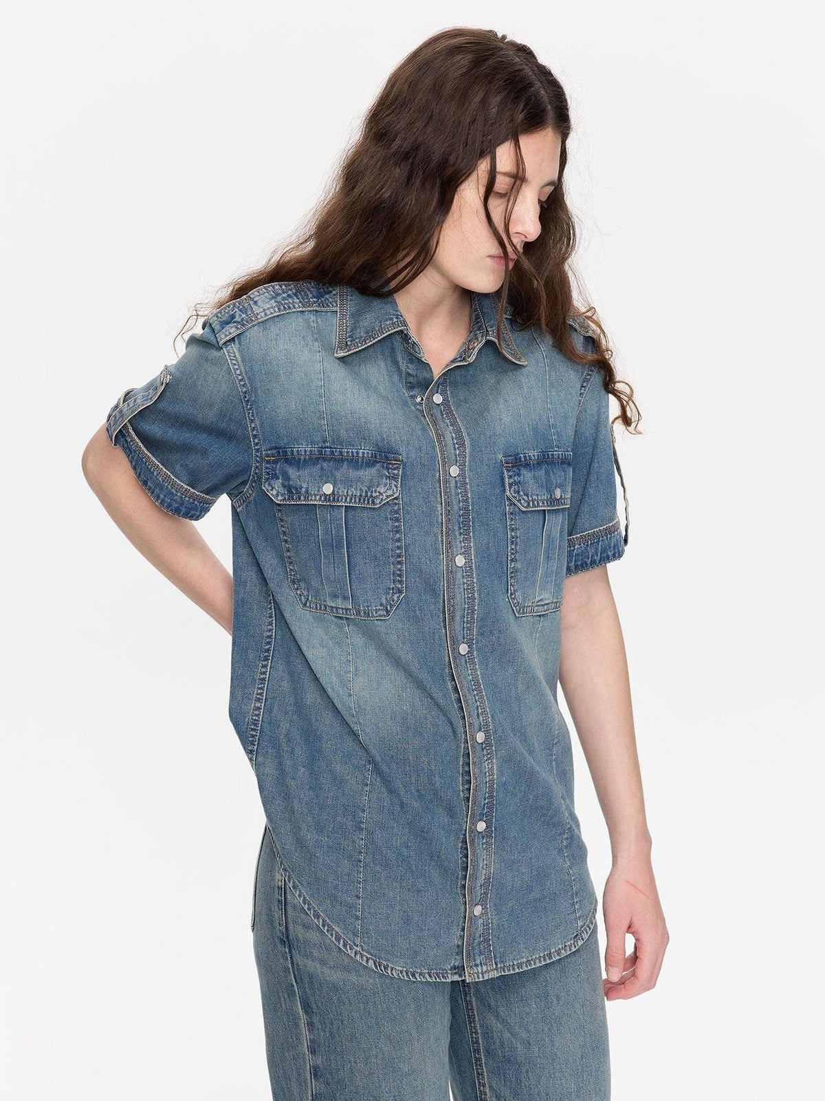 Washed Denim Distressed Rolled Hem Utility Women's Cotton Short Sleeve T-shirts