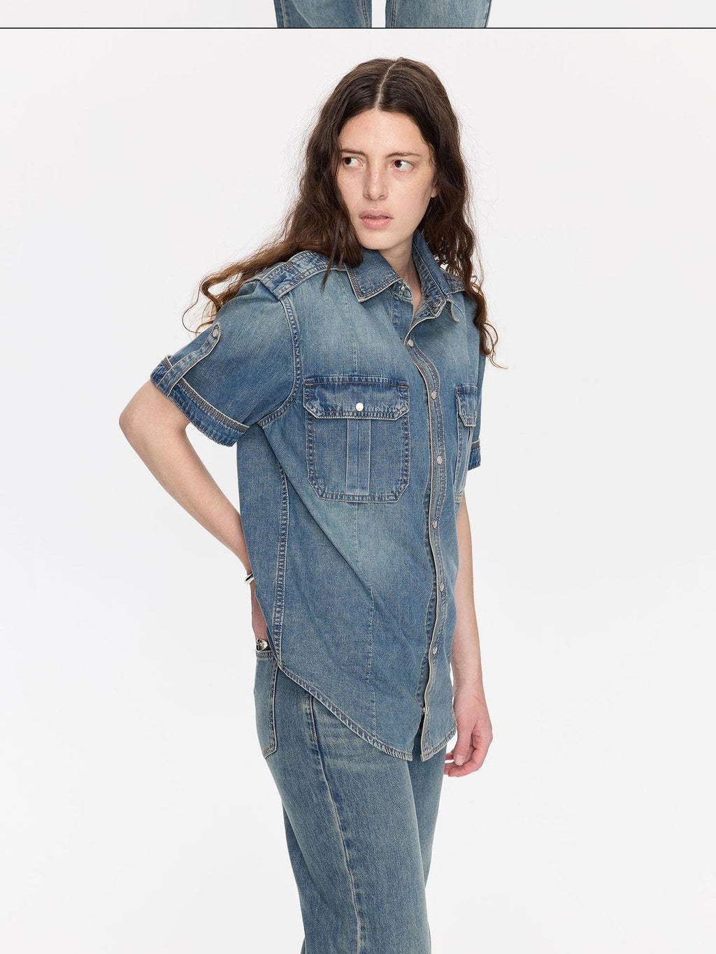 Washed Denim Distressed Rolled Hem Utility Women's Cotton Short Sleeve T-shirts