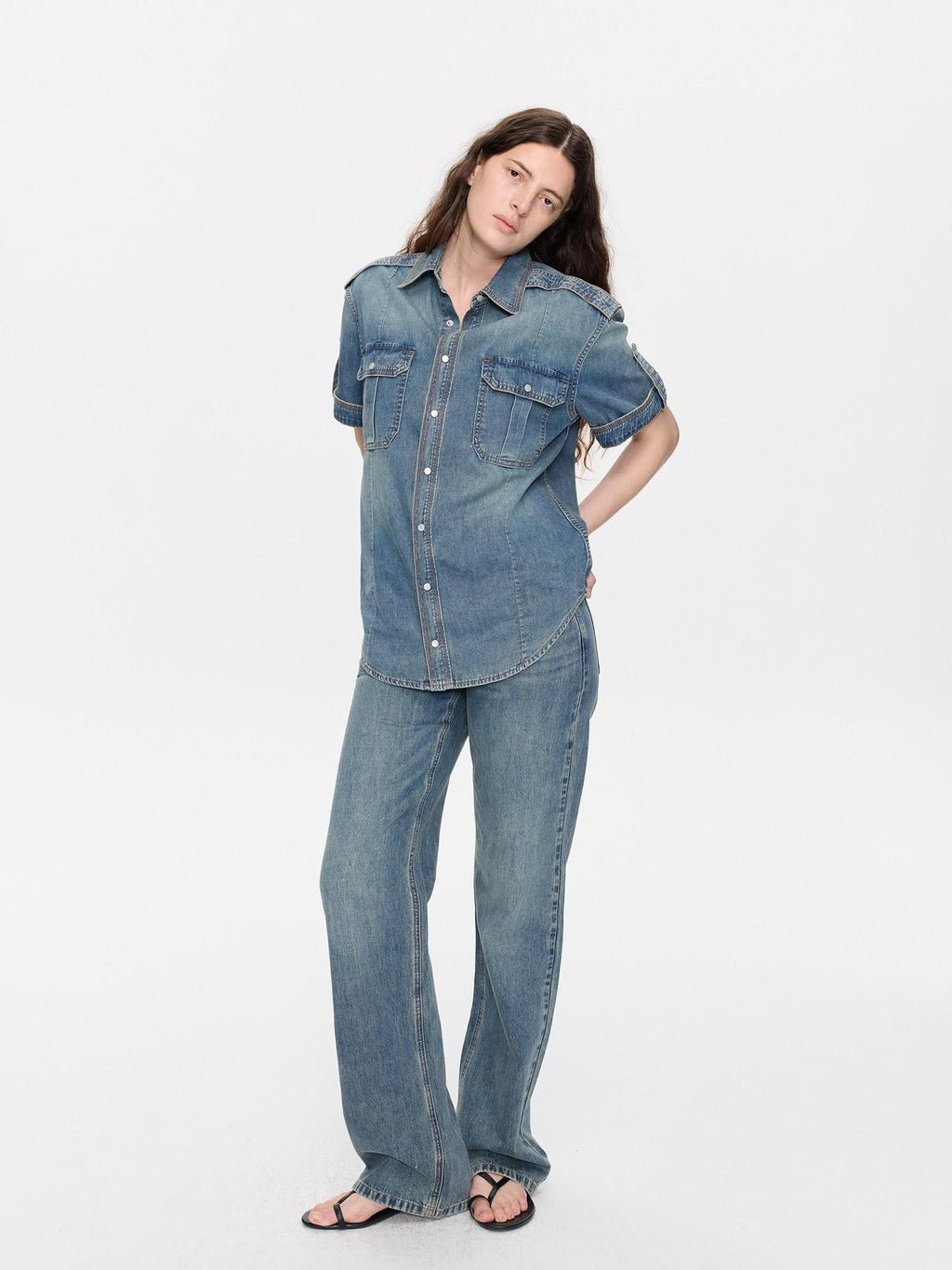 Washed Denim Distressed Rolled Hem Utility Women's Cotton Short Sleeve T-shirts