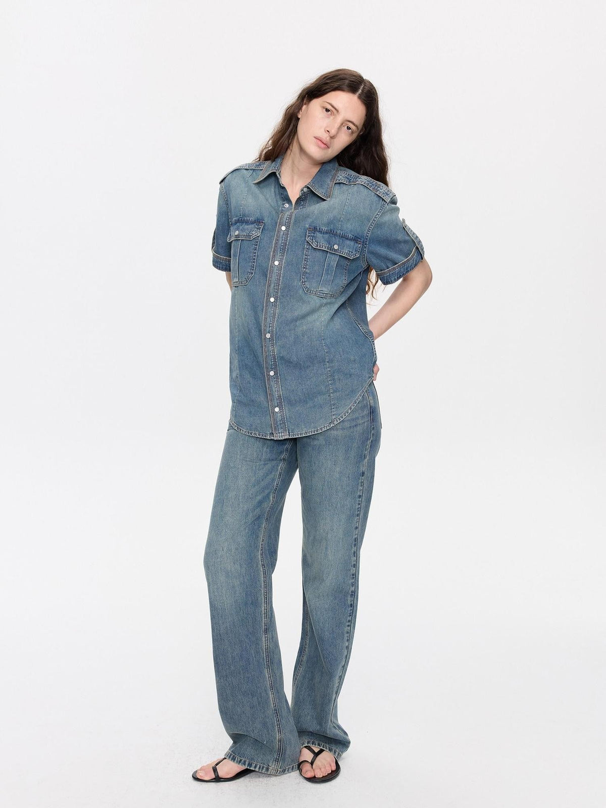 Washed Denim Distressed Rolled Hem Utility Women's Cotton Short Sleeve T-shirts