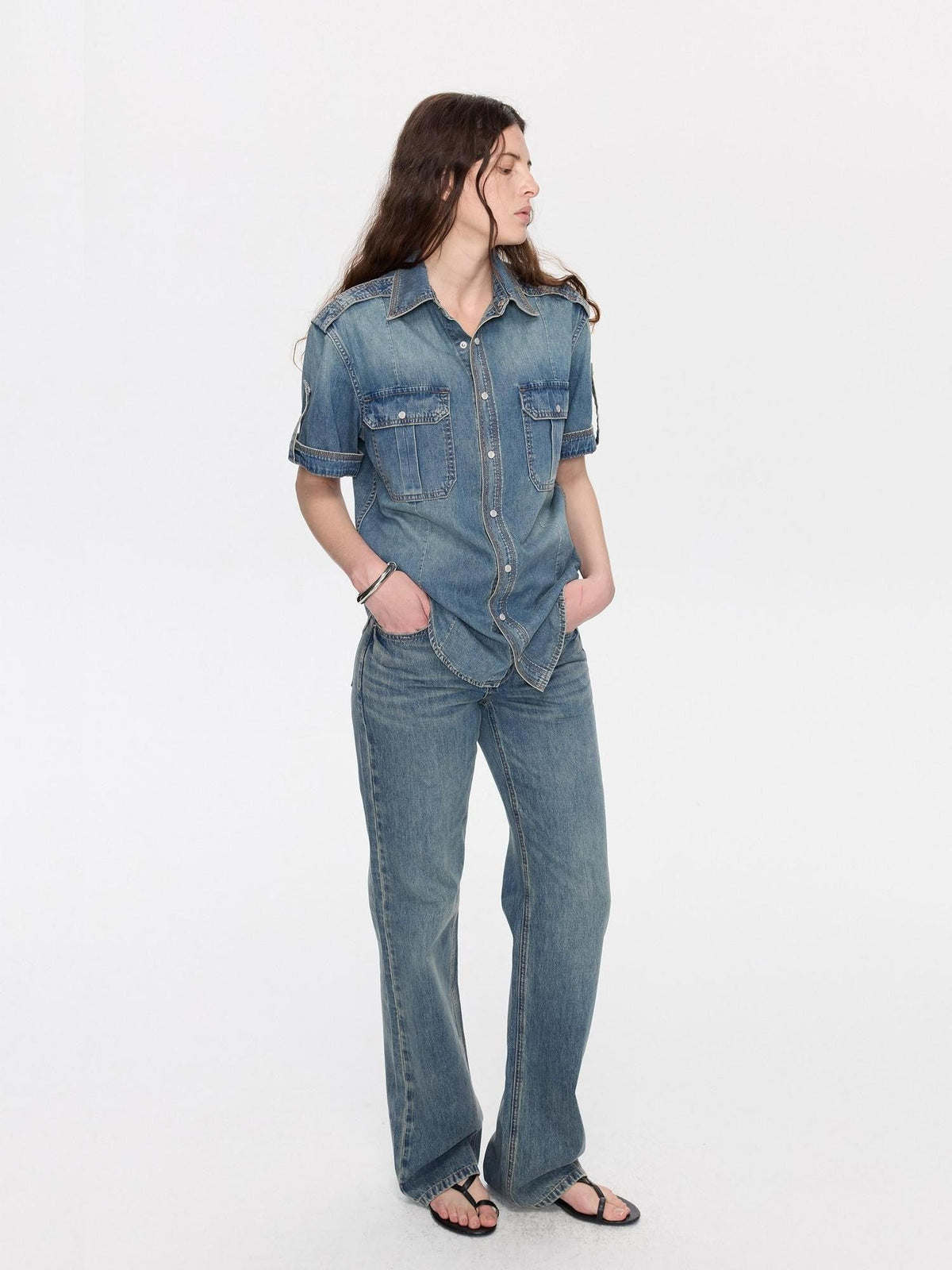 Washed Denim Distressed Rolled Hem Utility Women's Cotton Short Sleeve T-shirts
