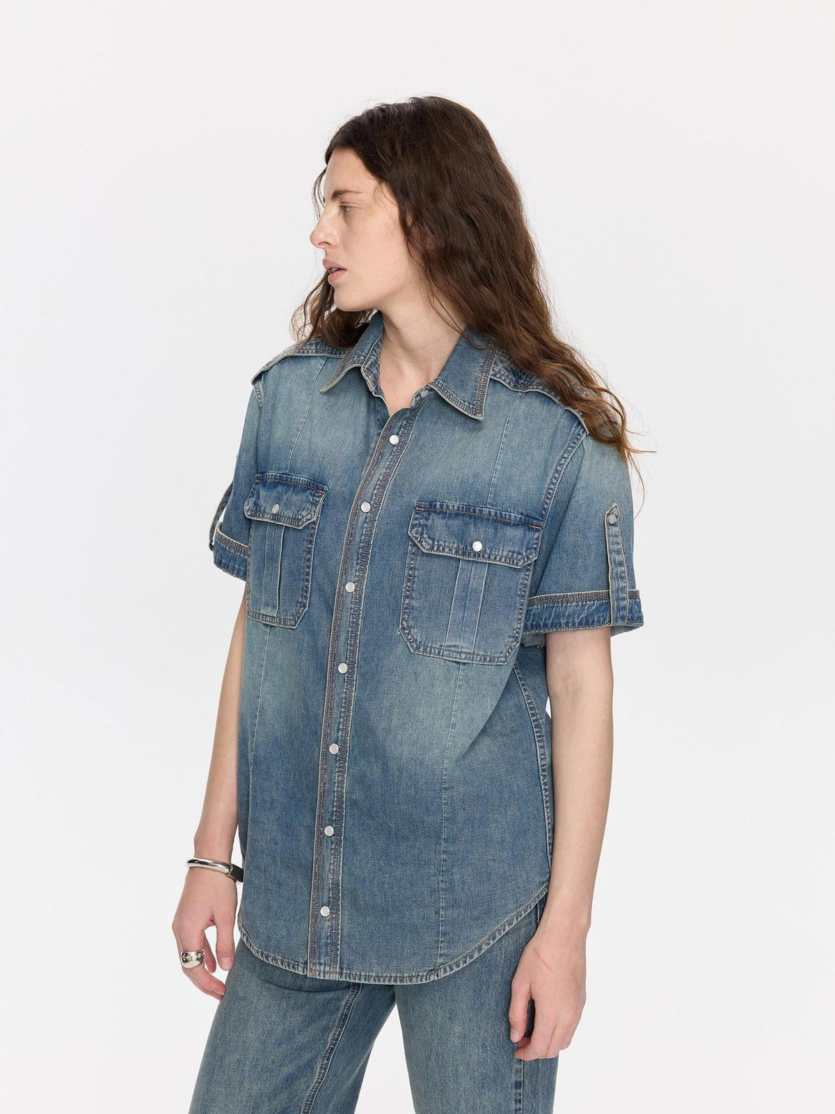 Washed Denim Distressed Rolled Hem Utility Women's Cotton Short Sleeve T-shirts