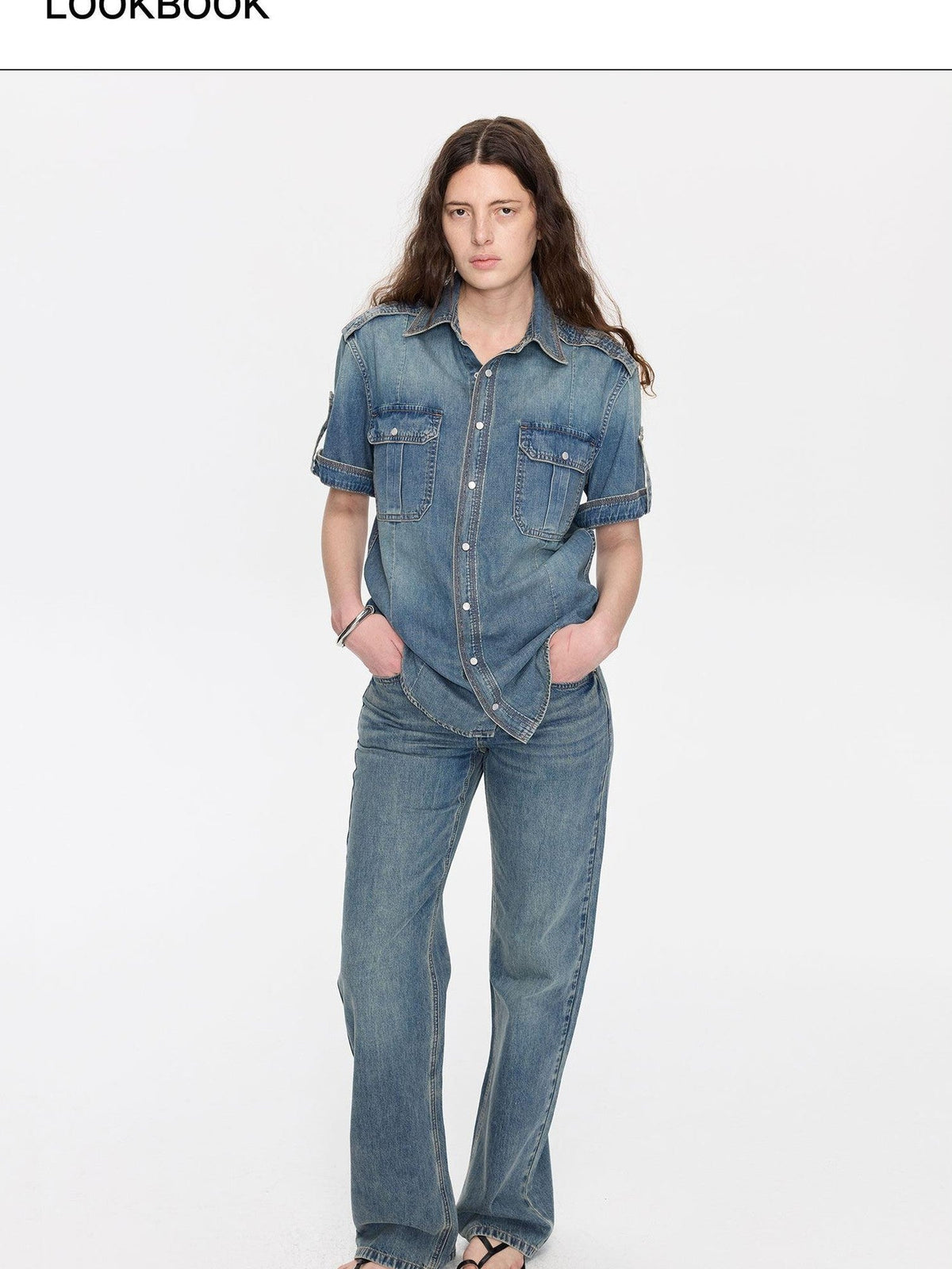 Washed Denim Distressed Rolled Hem Utility Women's Cotton Short Sleeve T-shirts