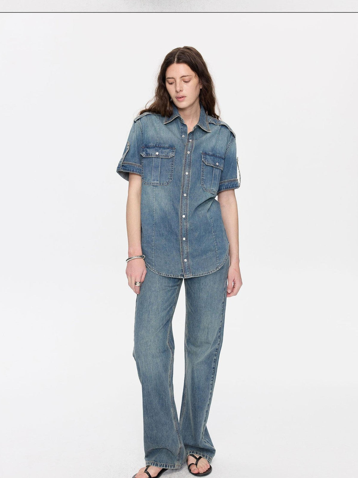 Washed Denim Distressed Rolled Hem Utility Women's Cotton Short Sleeve T-shirts