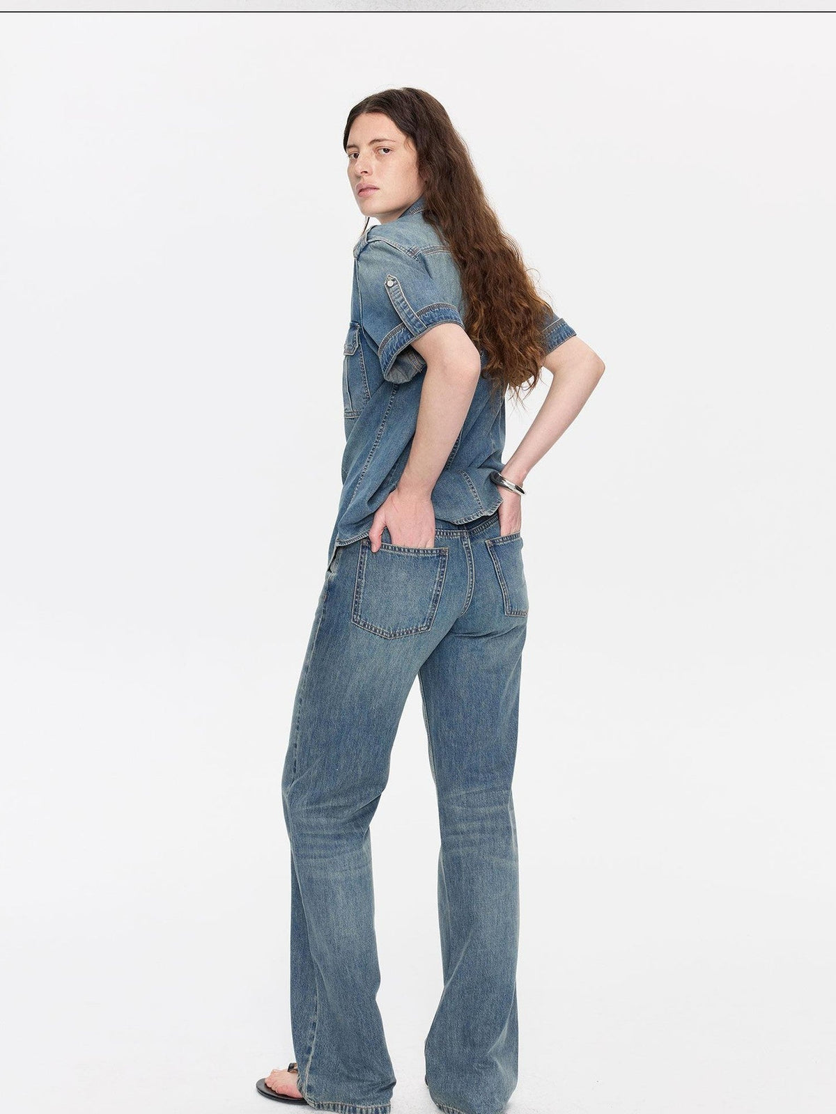 Washed Denim Distressed Rolled Hem Utility Women's Cotton Short Sleeve T-shirts