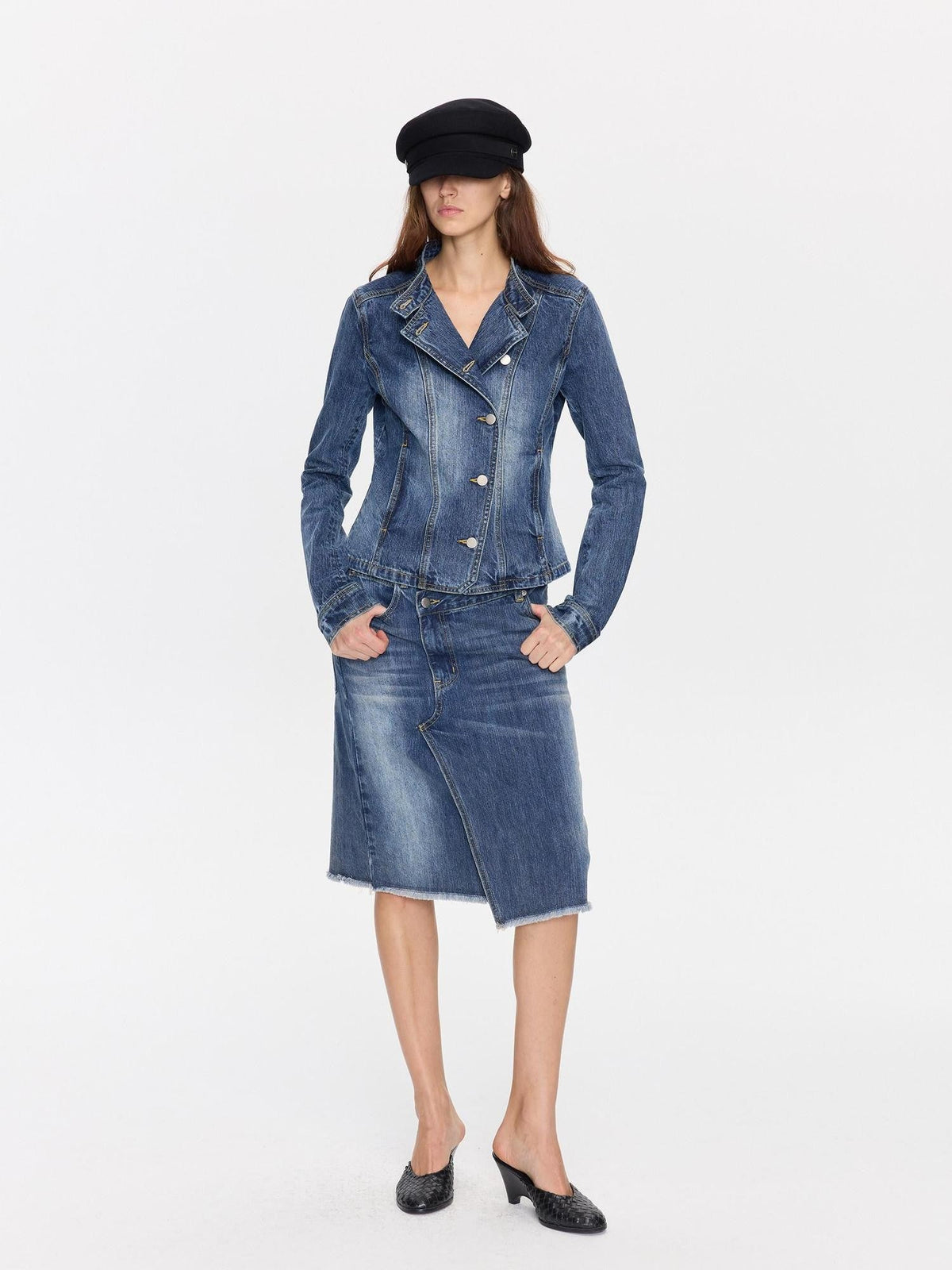 Washed Slub Asymmetrical Low Rise Women's Cotton Denim Midi Skirts