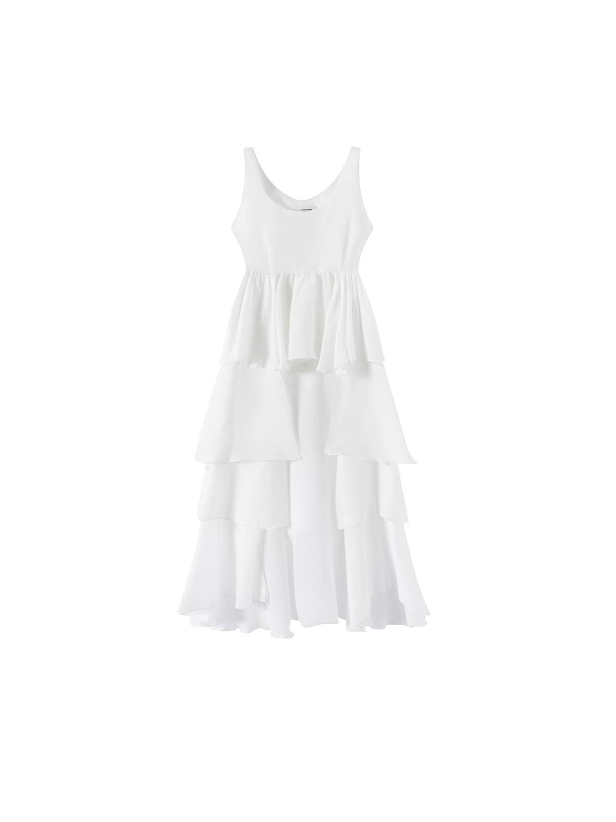 White Tencel Cold Shoulder Ruffle Hem Asymmetrical Slip Dress