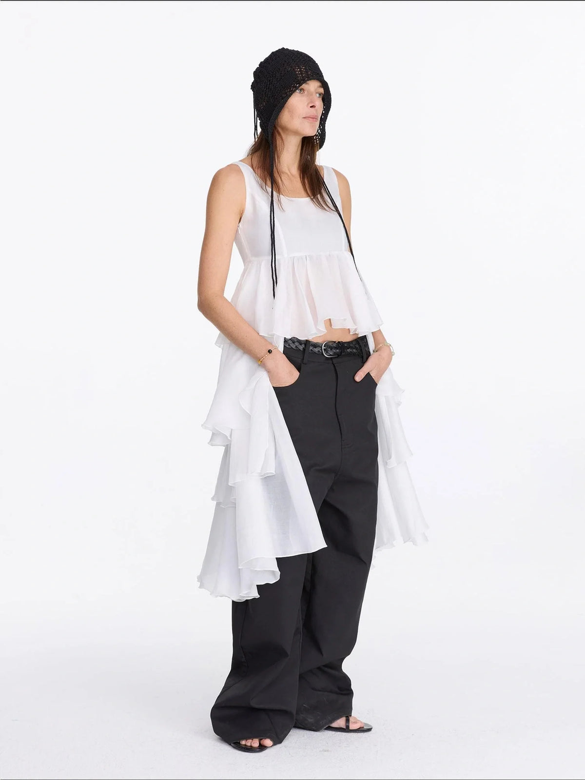 White Tencel Cold Shoulder Ruffle Hem Asymmetrical Slip Dress
