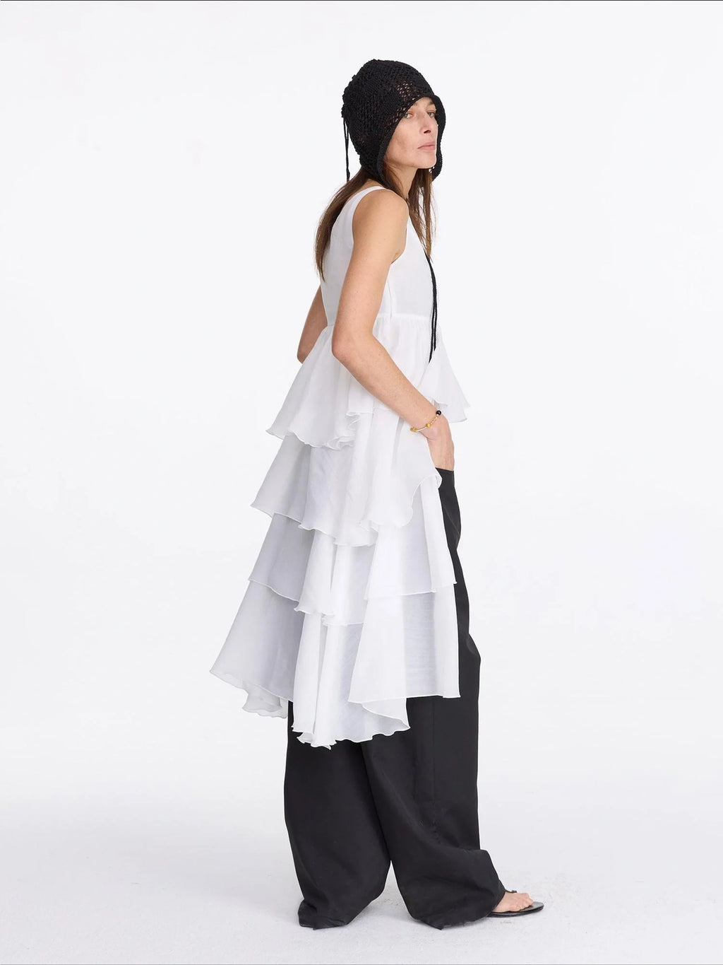 White Tencel Cold Shoulder Ruffle Hem Asymmetrical Slip Dress