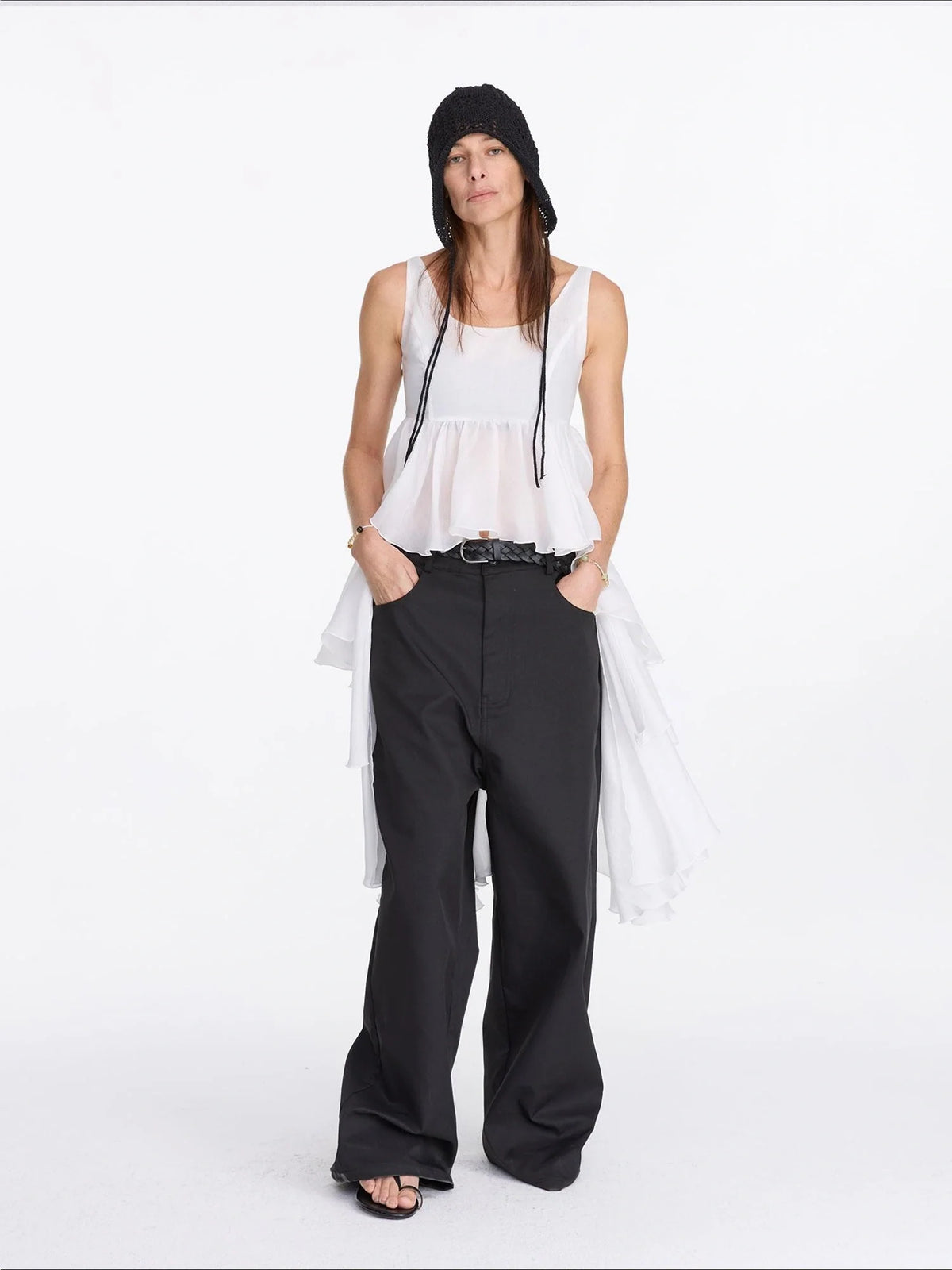 White Tencel Cold Shoulder Ruffle Hem Asymmetrical Slip Dress