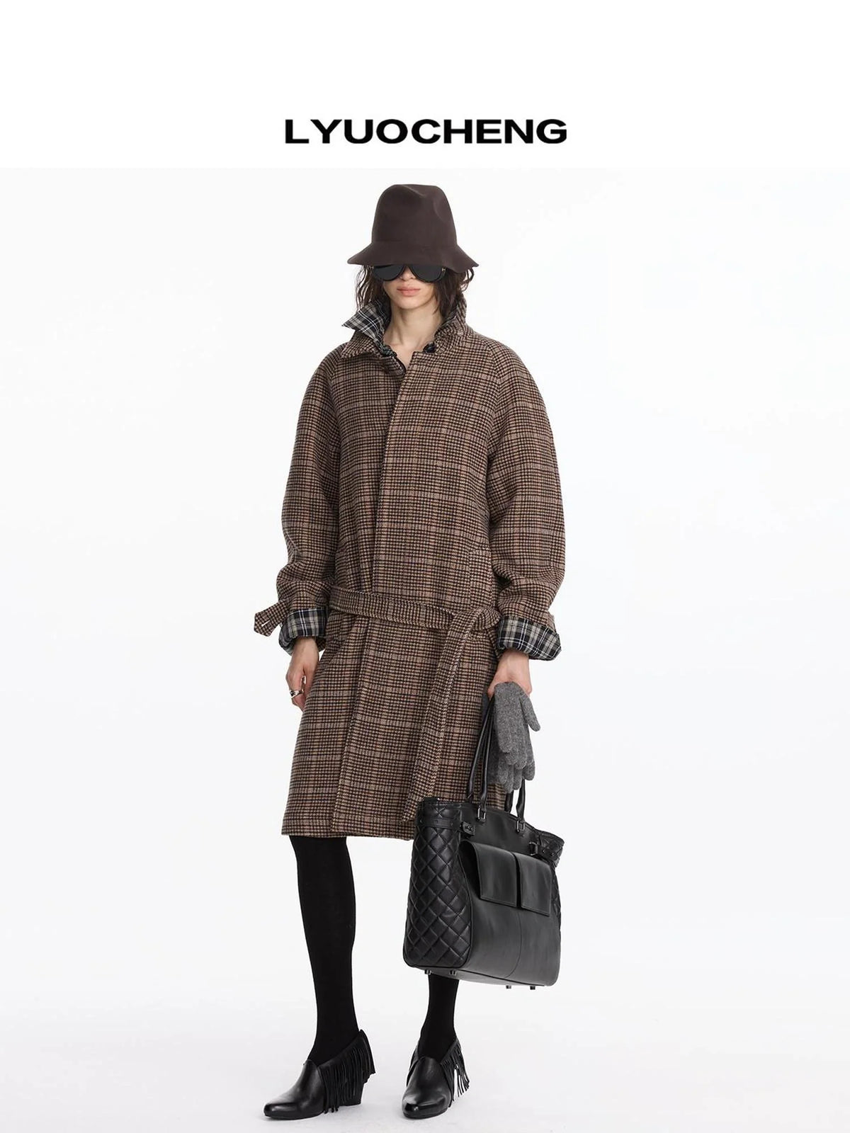 Wool Raglan Sleeve Check Trench Coat