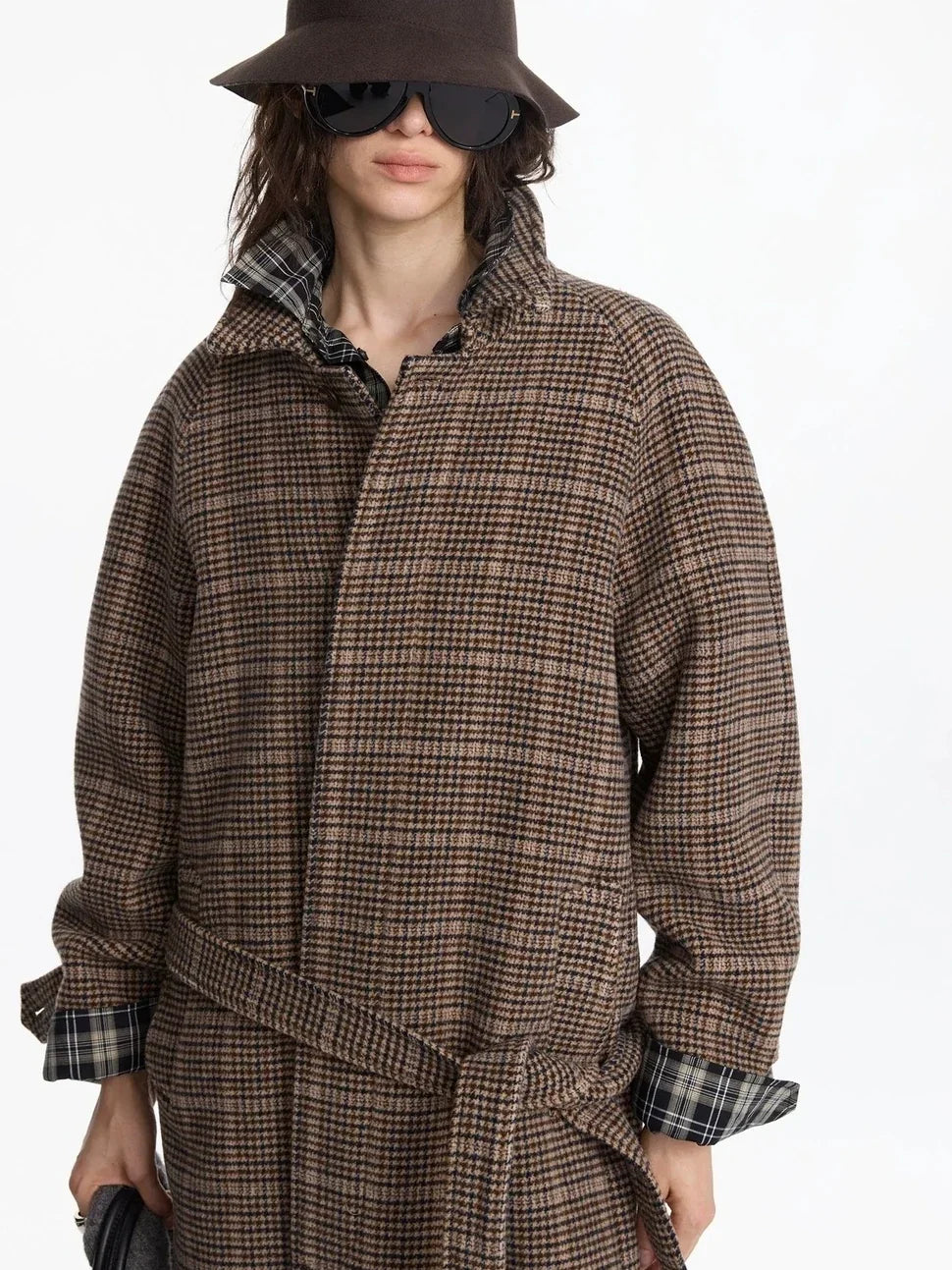 Wool Raglan Sleeve Check Trench Coat