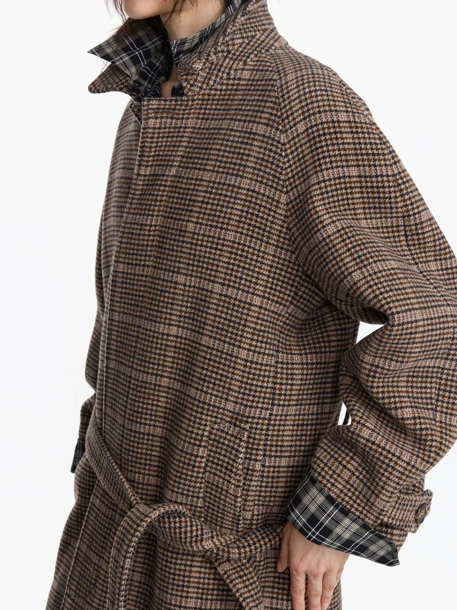 Wool Raglan Sleeve Check Trench Coat