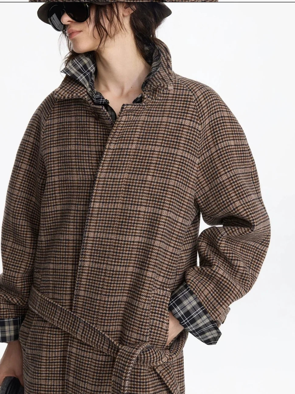 Wool Raglan Sleeve Check Trench Coat