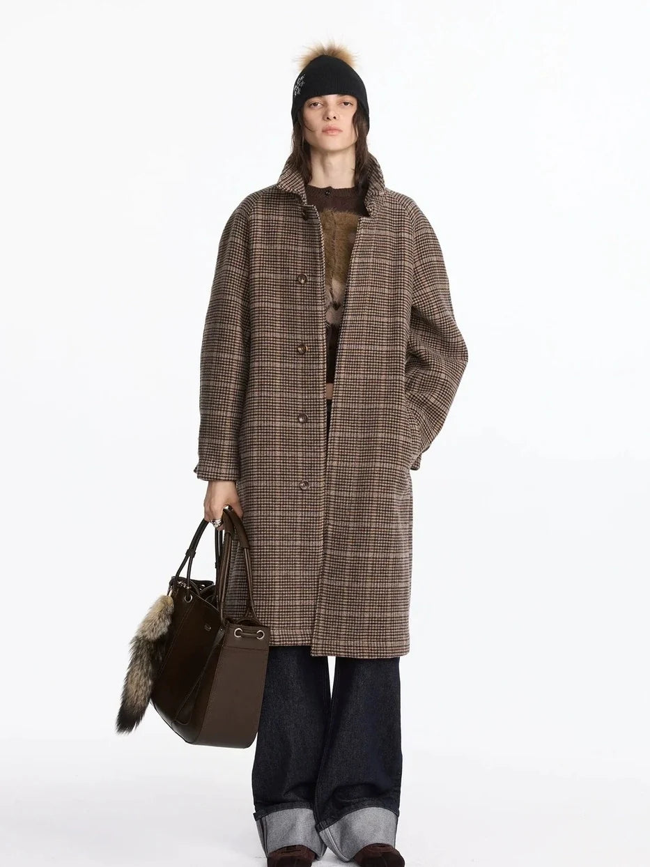 Wool Raglan Sleeve Check Trench Coat