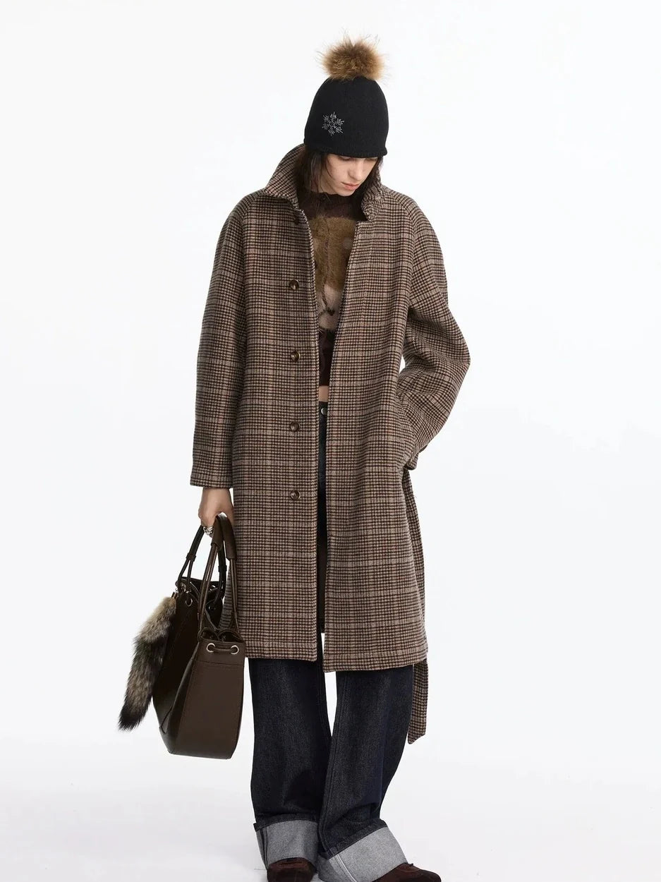 Wool Raglan Sleeve Check Trench Coat