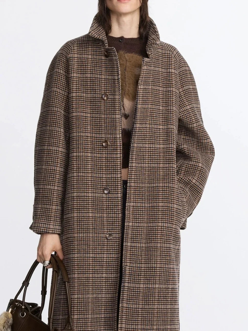 Wool Raglan Sleeve Check Trench Coat