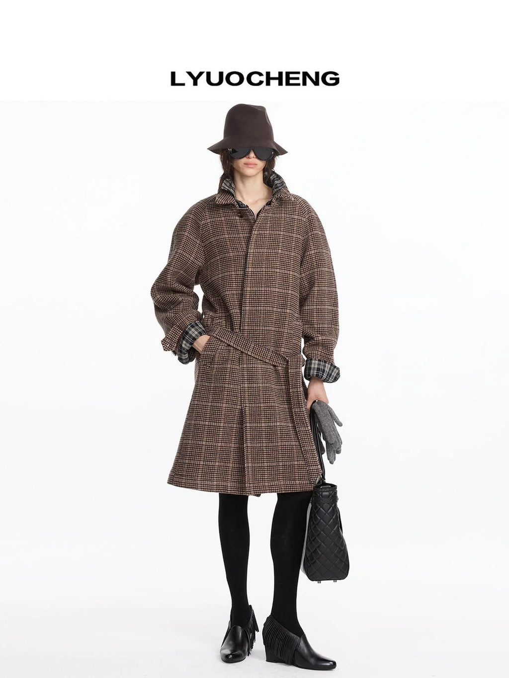 Wool Raglan Sleeve Check Trench Coat