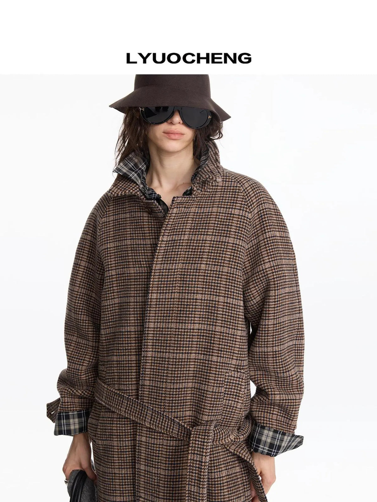 Wool Raglan Sleeve Check Trench Coat