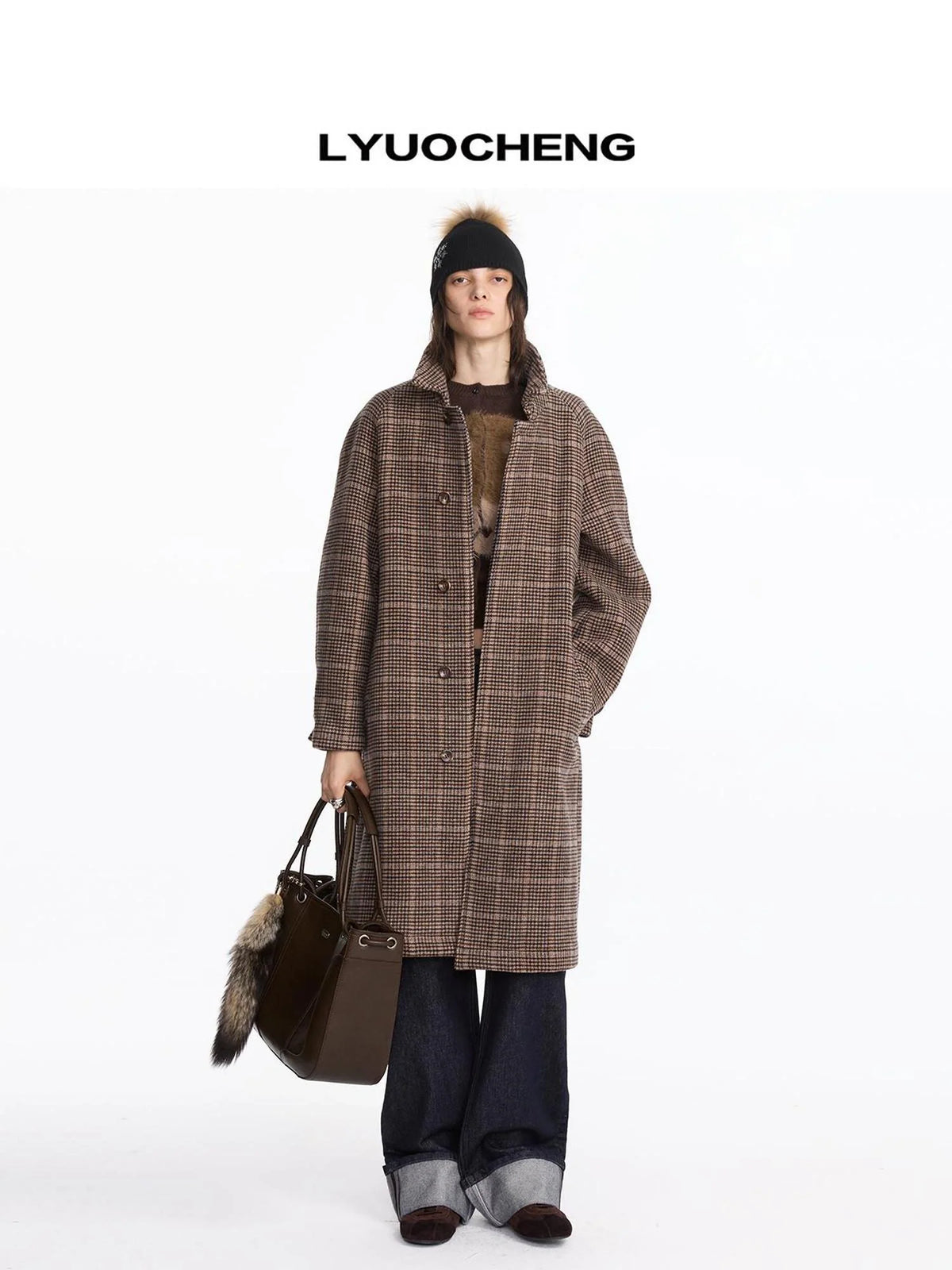 Wool Raglan Sleeve Check Trench Coat