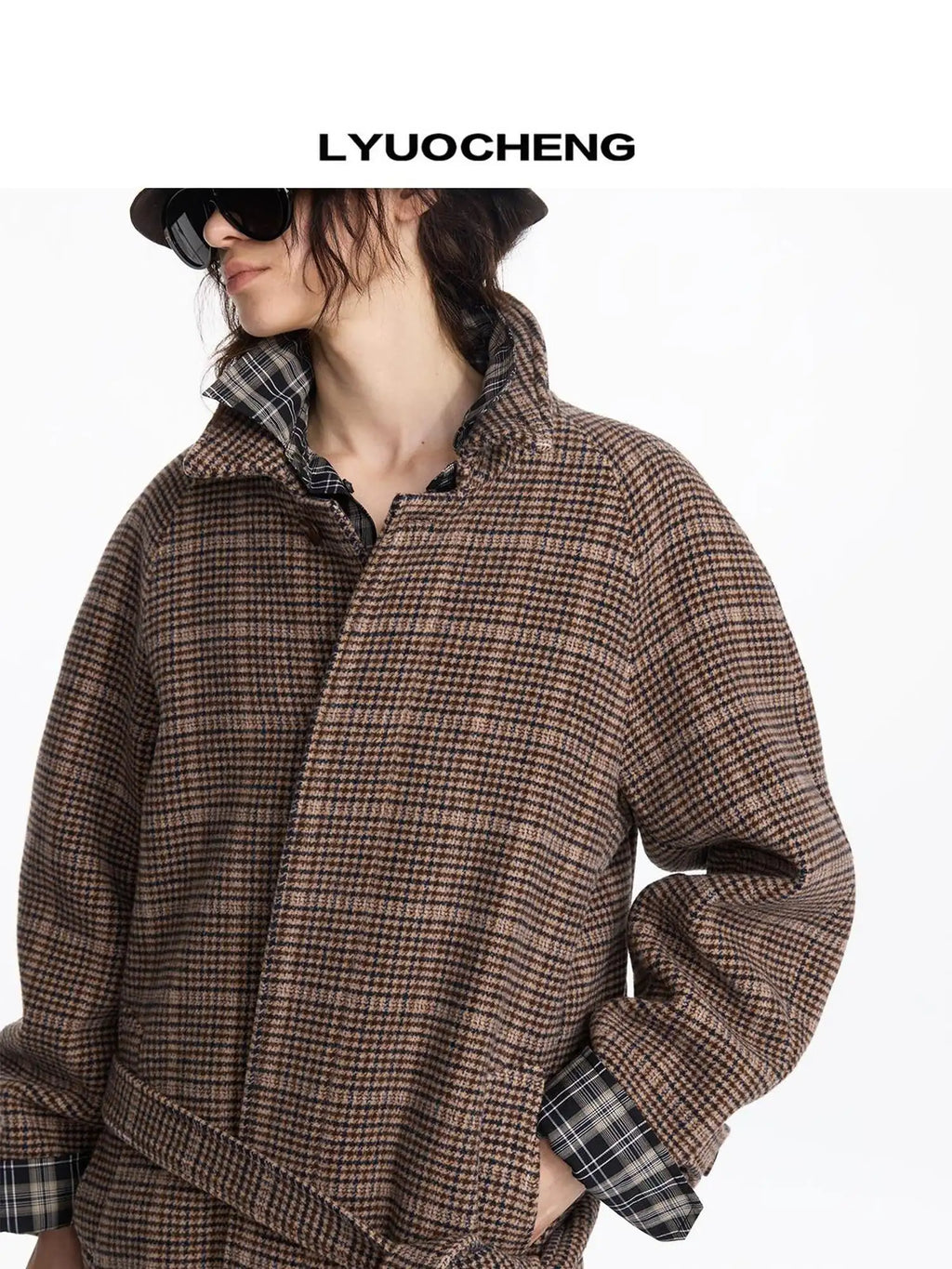 Wool Raglan Sleeve Check Trench Coat