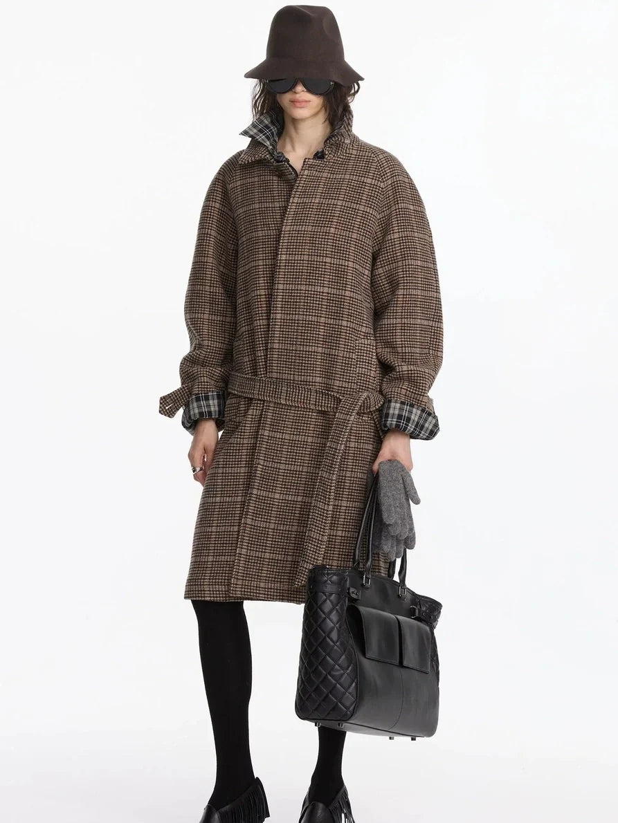 Wool Raglan Sleeve Check Trench Coat