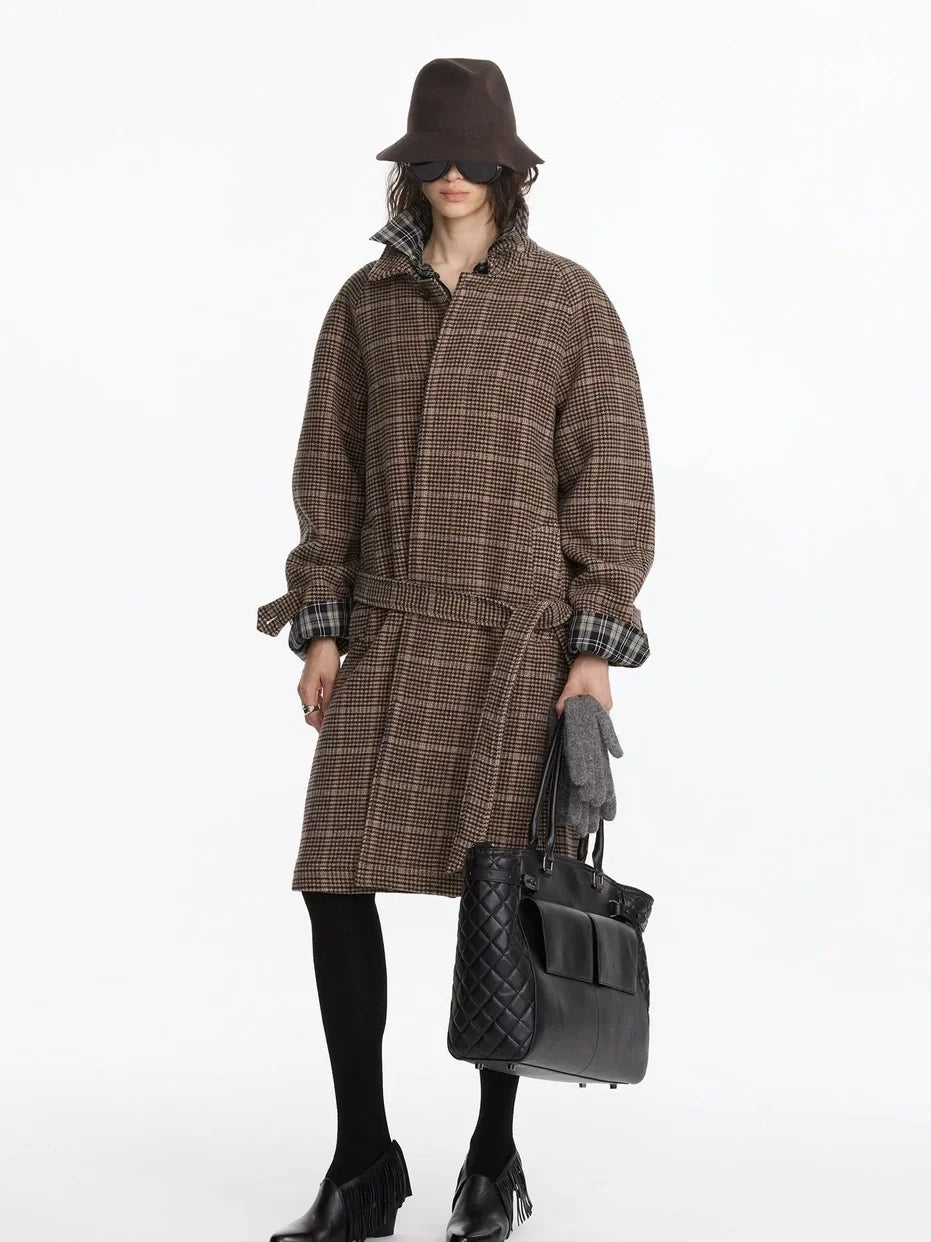 Wool Raglan Sleeve Check Trench Coat