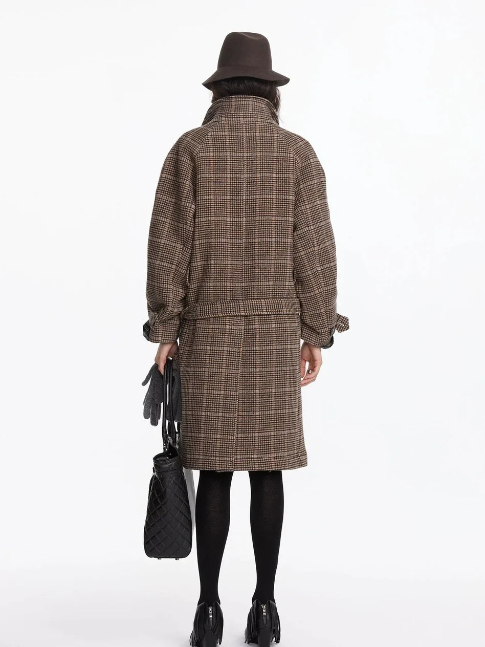 Wool Raglan Sleeve Check Trench Coat