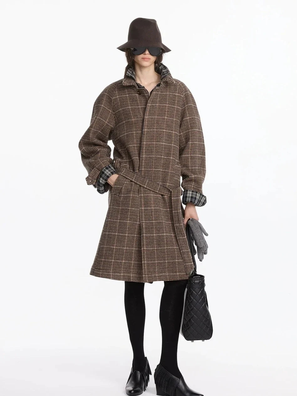 Wool Raglan Sleeve Check Trench Coat