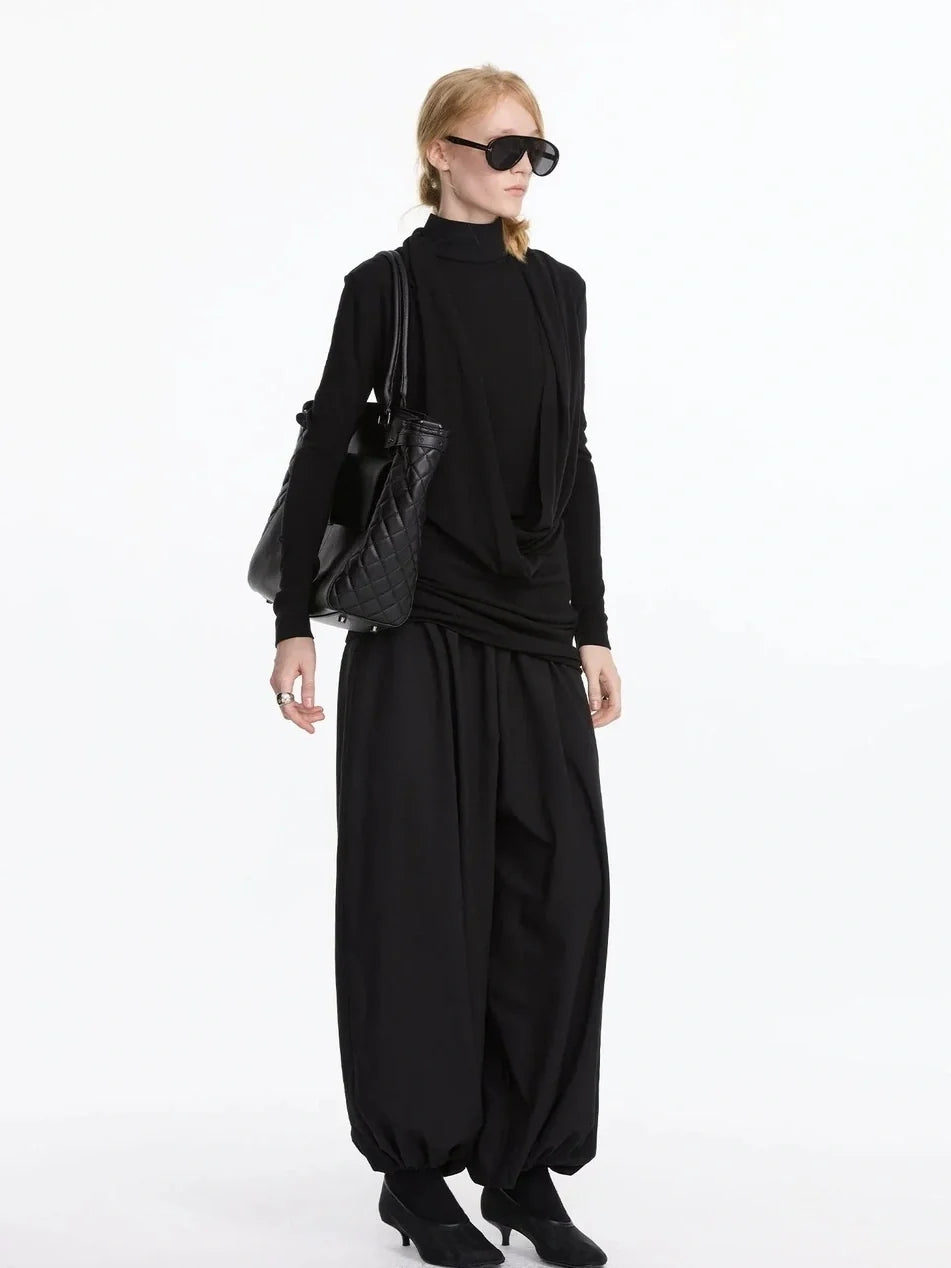 Y Drape Layered Knit V-neck T-shirt Long Sleeve