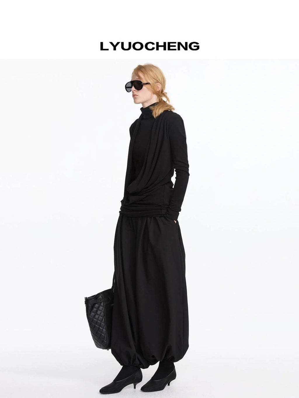 Y Drape Layered Knit V-neck T-shirt Long Sleeve
