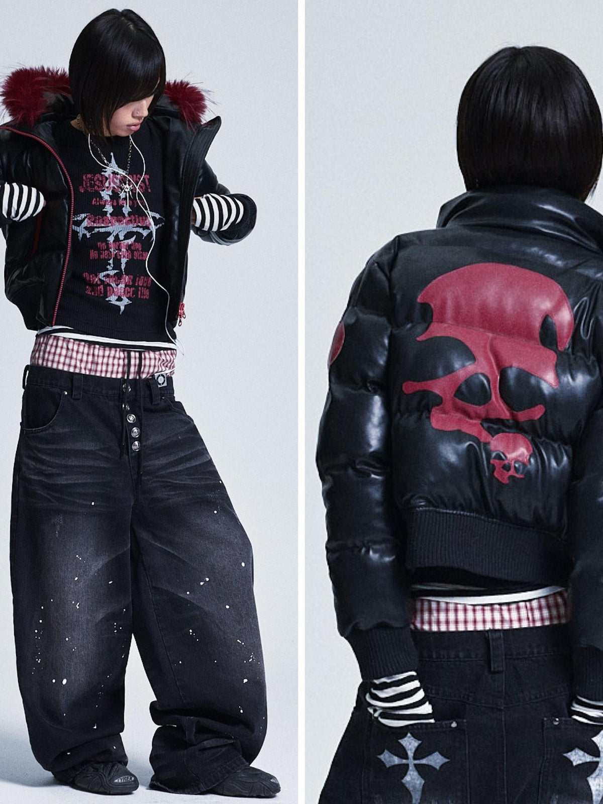 Black Colorblock Detachable Pu Fur Collar Hood Women's Cotton Puffer Jackets