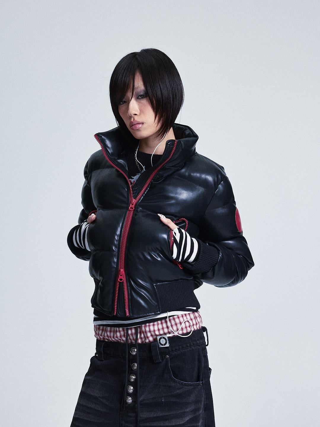Black Colorblock Detachable Pu Fur Collar Hood Women's Cotton Puffer Jackets
