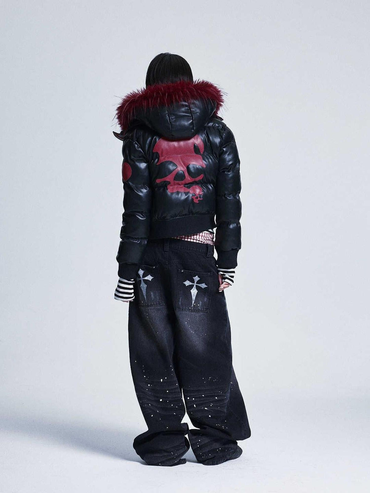 Black Colorblock Detachable Pu Fur Collar Hood Women's Cotton Puffer Jackets