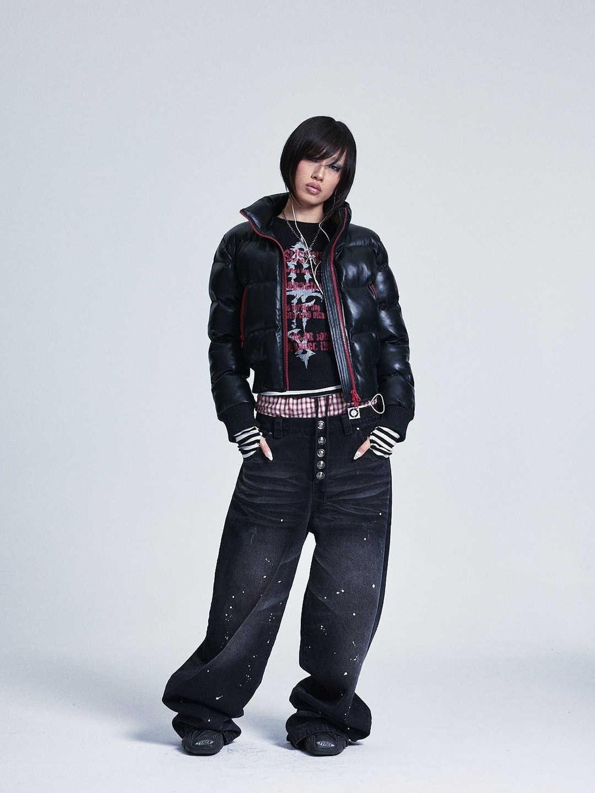 Black Colorblock Detachable Pu Fur Collar Hood Women's Cotton Puffer Jackets
