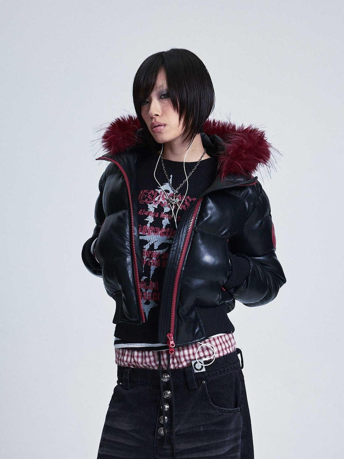 Black Colorblock Detachable Pu Fur Collar Hood Women's Cotton Puffer Jackets