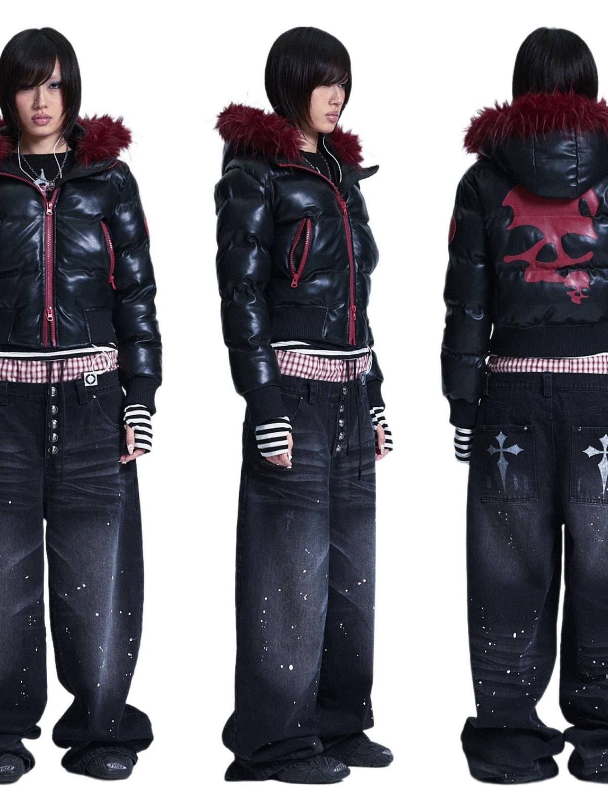 Black Colorblock Detachable Pu Fur Collar Hood Women's Cotton Puffer Jackets