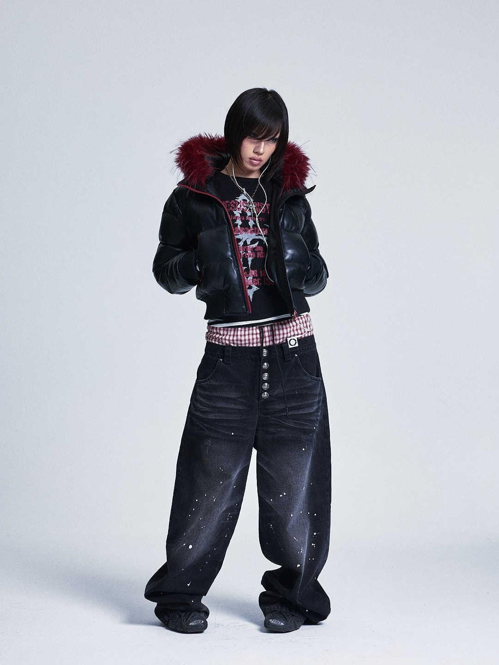 Black Colorblock Detachable Pu Fur Collar Hood Women's Cotton Puffer Jackets