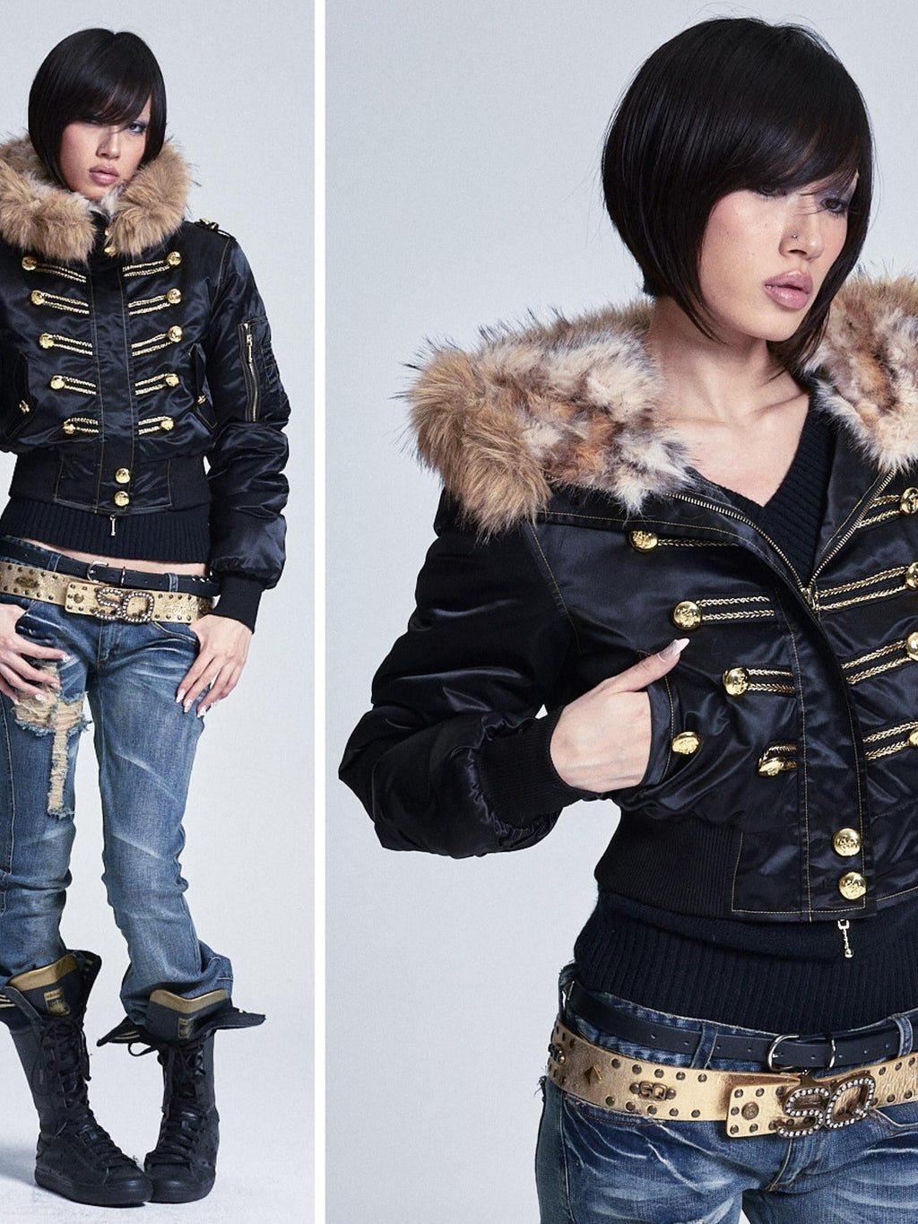 Black Fur Collar Hooded Regal Cropped Slim Women's Cotton Puffer Jackets