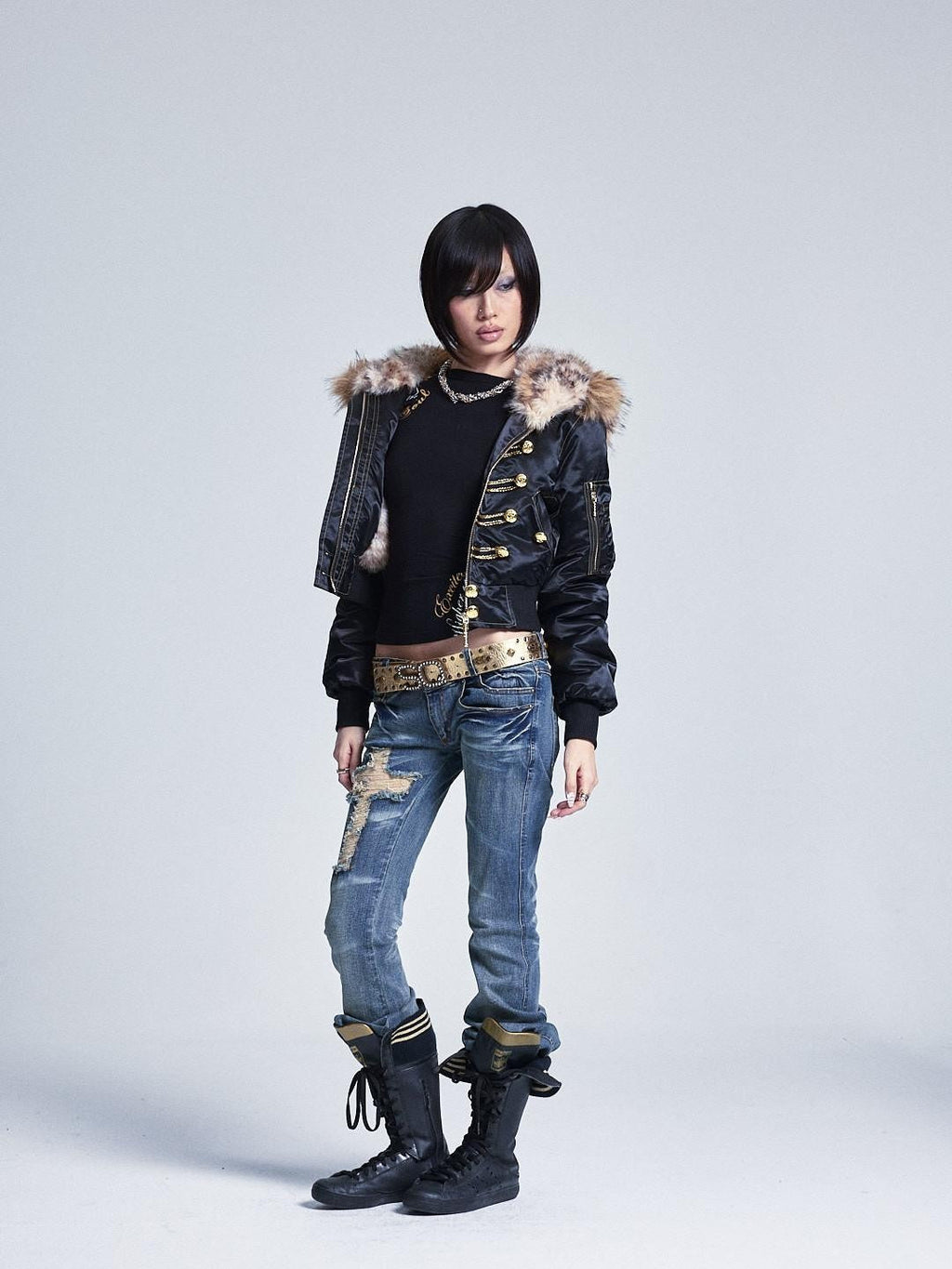 Black Fur Collar Hooded Regal Cropped Slim Women's Cotton Puffer Jackets