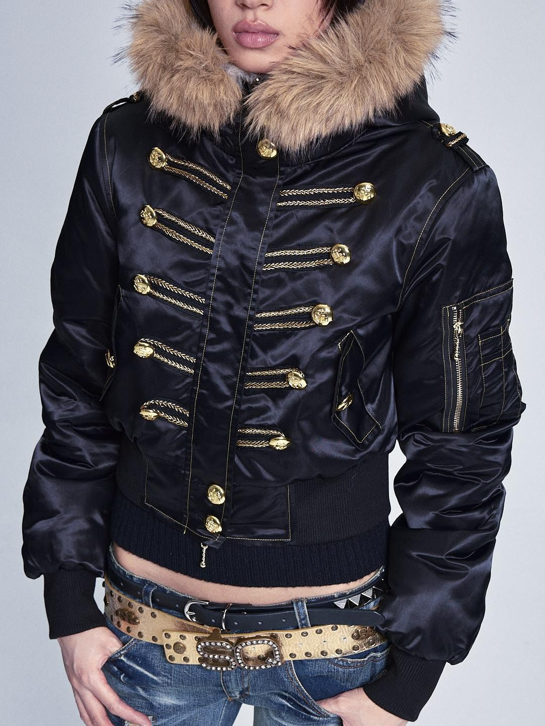 Black Fur Collar Hooded Regal Cropped Slim Women's Cotton Puffer Jackets
