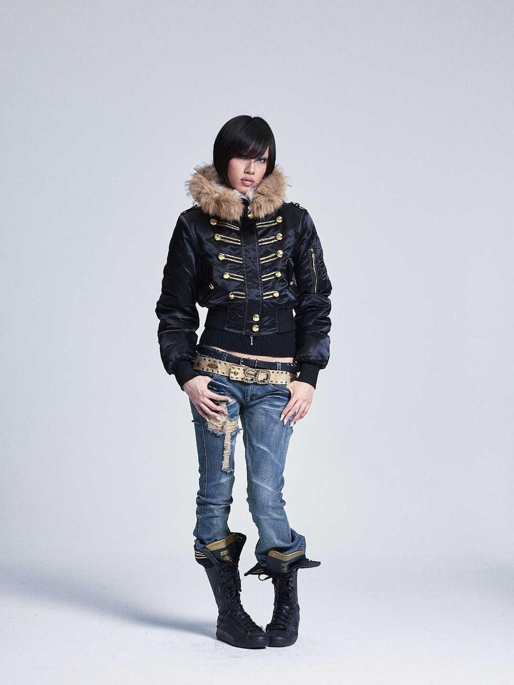 Black Fur Collar Hooded Regal Cropped Slim Women's Cotton Puffer Jackets