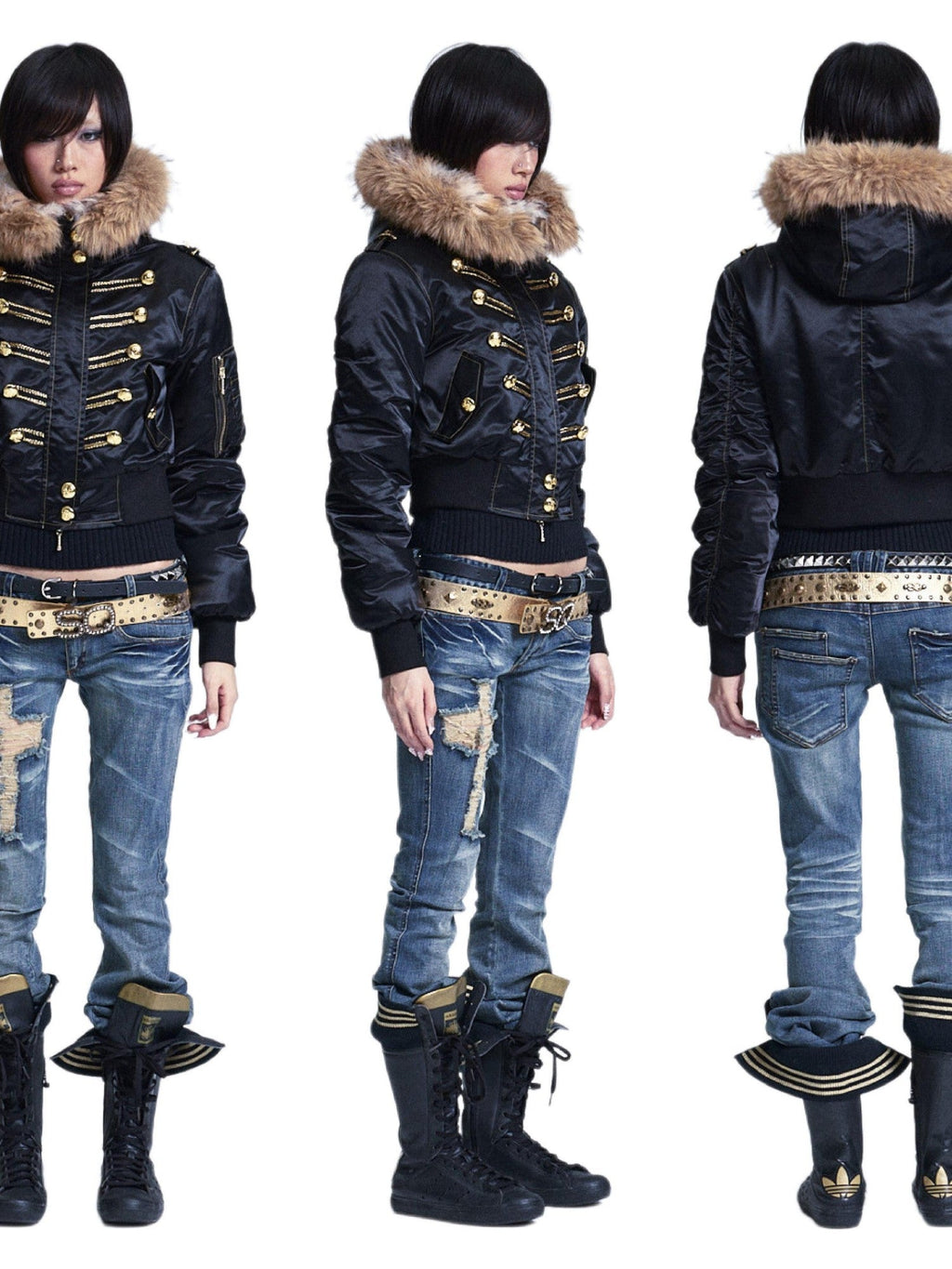 Black Fur Collar Hooded Regal Cropped Slim Women's Cotton Puffer Jackets